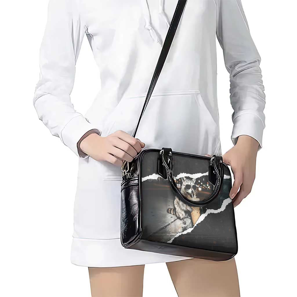 Cool Raccoon Drinking Iced Coffee Shoulder Handbag Funny Animal Meme Urban Night Photography