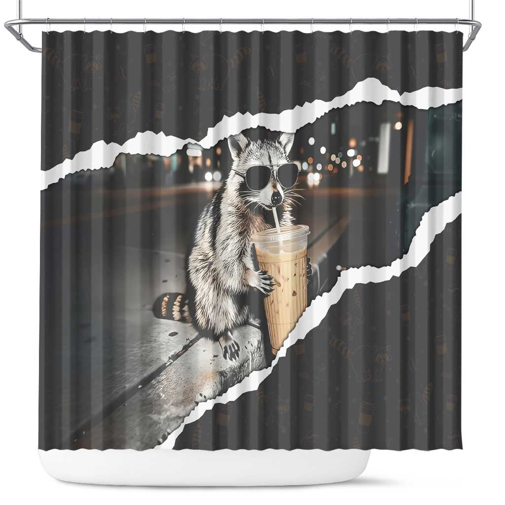 Cool Raccoon Drinking Iced Coffee Shower Curtain Funny Animal Meme Urban Night Photography