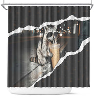 Cool Raccoon Drinking Iced Coffee Shower Curtain Funny Animal Meme Urban Night Photography