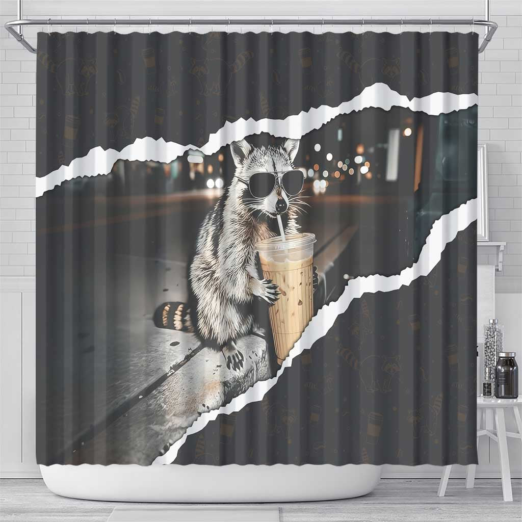 Cool Raccoon Drinking Iced Coffee Shower Curtain Funny Animal Meme Urban Night Photography