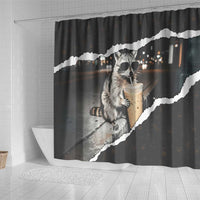Cool Raccoon Drinking Iced Coffee Shower Curtain Funny Animal Meme Urban Night Photography
