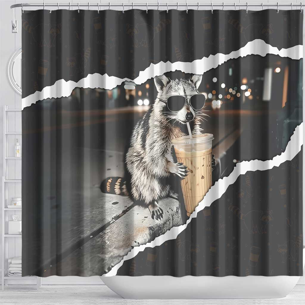 Cool Raccoon Drinking Iced Coffee Shower Curtain Funny Animal Meme Urban Night Photography