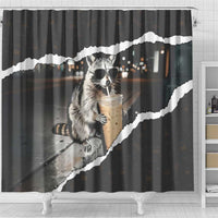 Cool Raccoon Drinking Iced Coffee Shower Curtain Funny Animal Meme Urban Night Photography