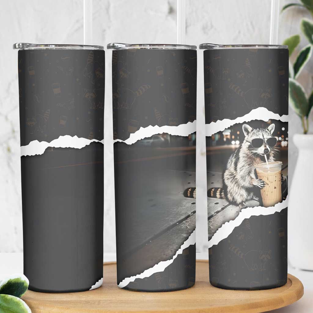 Cool Raccoon Drinking Iced Coffee Skinny Tumbler Funny Animal Meme Urban Night Photography