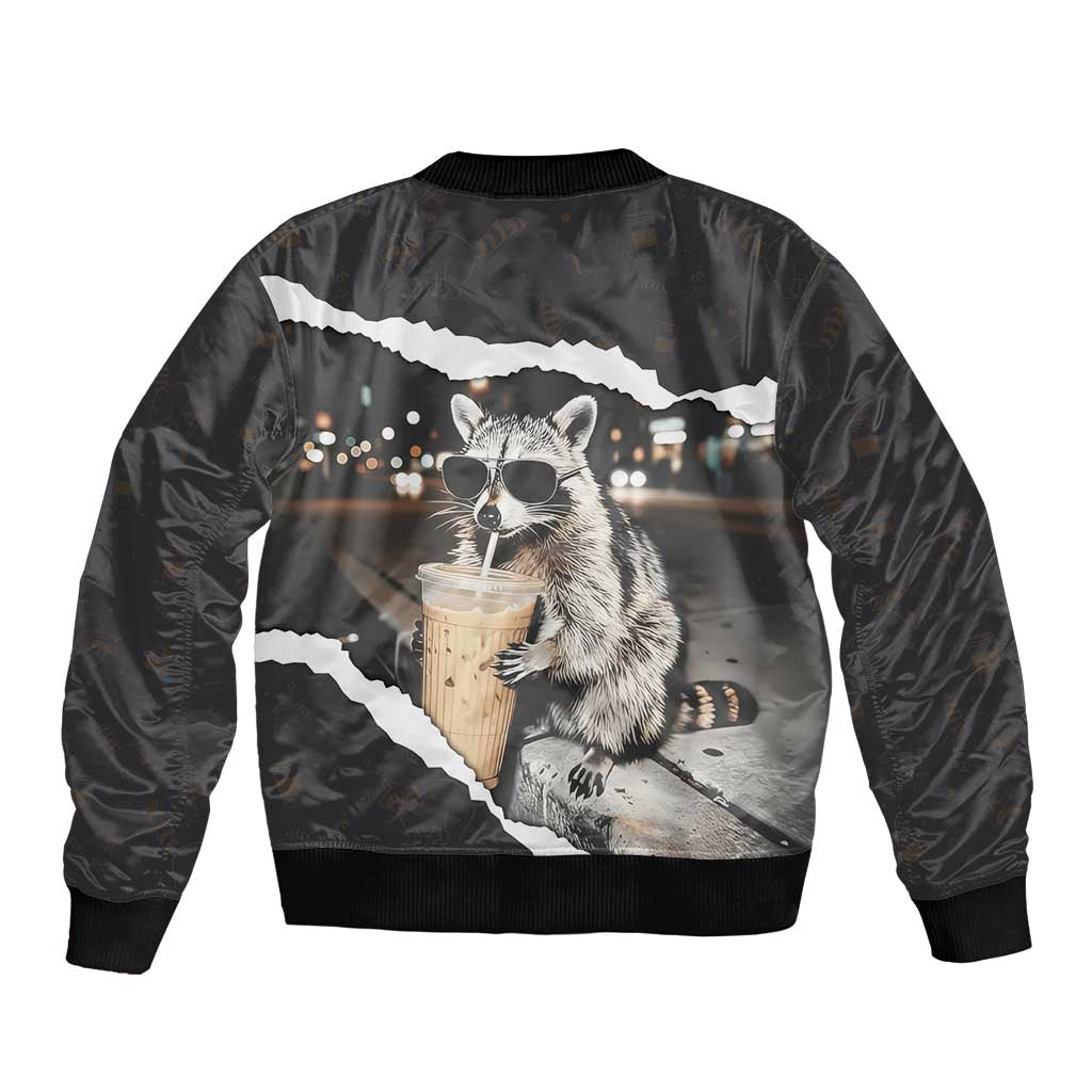 Cool Raccoon Drinking Iced Coffee Sleeve Zip Bomber Jacket Funny Animal Meme Urban Night Photography