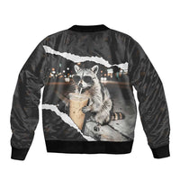 Cool Raccoon Drinking Iced Coffee Sleeve Zip Bomber Jacket Funny Animal Meme Urban Night Photography