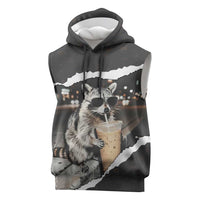 Cool Raccoon Drinking Iced Coffee Sleeveless Hoodie Funny Animal Meme Urban Night Photography