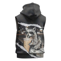 Cool Raccoon Drinking Iced Coffee Sleeveless Hoodie Funny Animal Meme Urban Night Photography