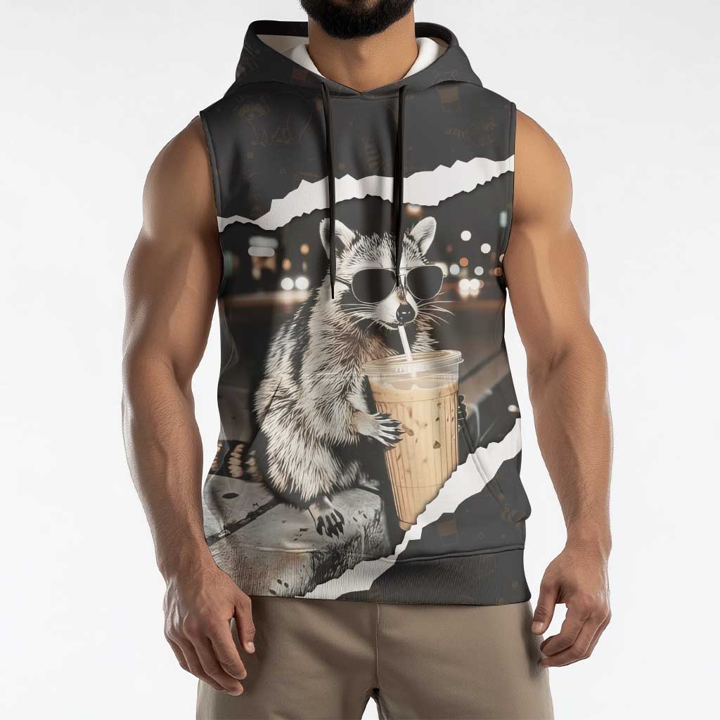 Cool Raccoon Drinking Iced Coffee Sleeveless Hoodie Funny Animal Meme Urban Night Photography