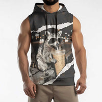 Cool Raccoon Drinking Iced Coffee Sleeveless Hoodie Funny Animal Meme Urban Night Photography