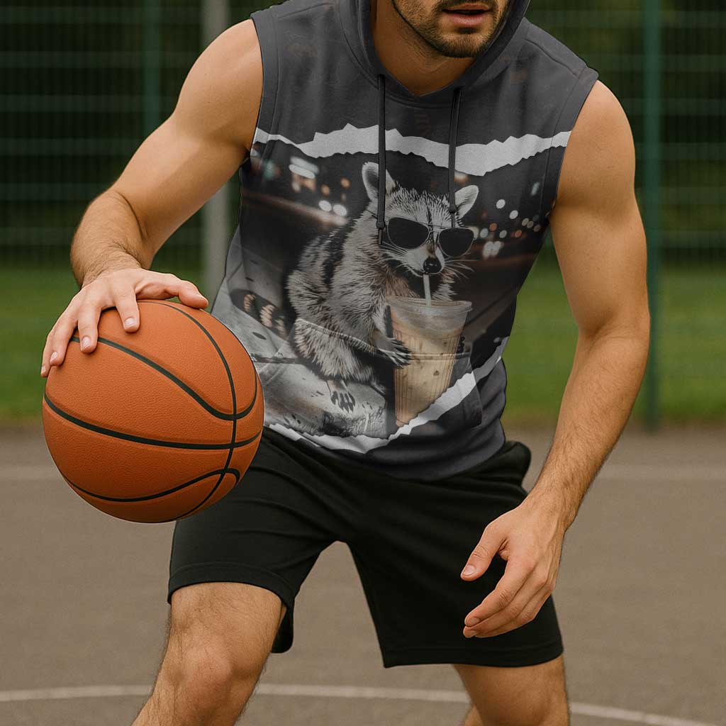 Cool Raccoon Drinking Iced Coffee Sleeveless Hoodie Funny Animal Meme Urban Night Photography