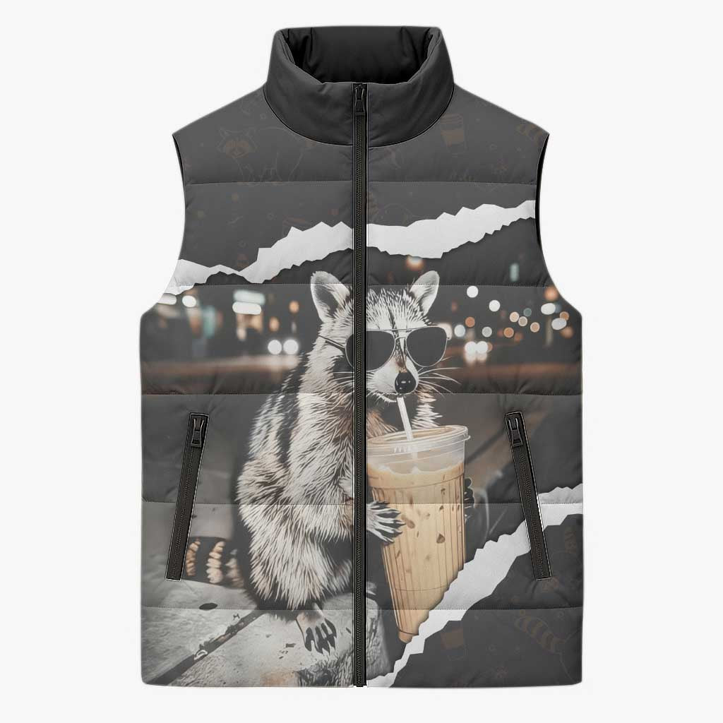 Cool Raccoon Drinking Iced Coffee Sleeveless Puffer Jacket Funny Animal Meme Urban Night Photography
