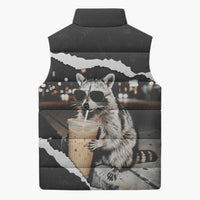 Cool Raccoon Drinking Iced Coffee Sleeveless Puffer Jacket Funny Animal Meme Urban Night Photography