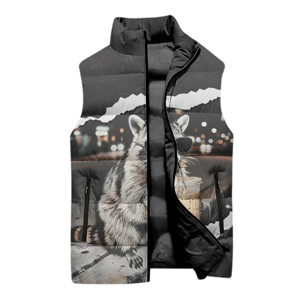 Cool Raccoon Drinking Iced Coffee Sleeveless Puffer Jacket Funny Animal Meme Urban Night Photography