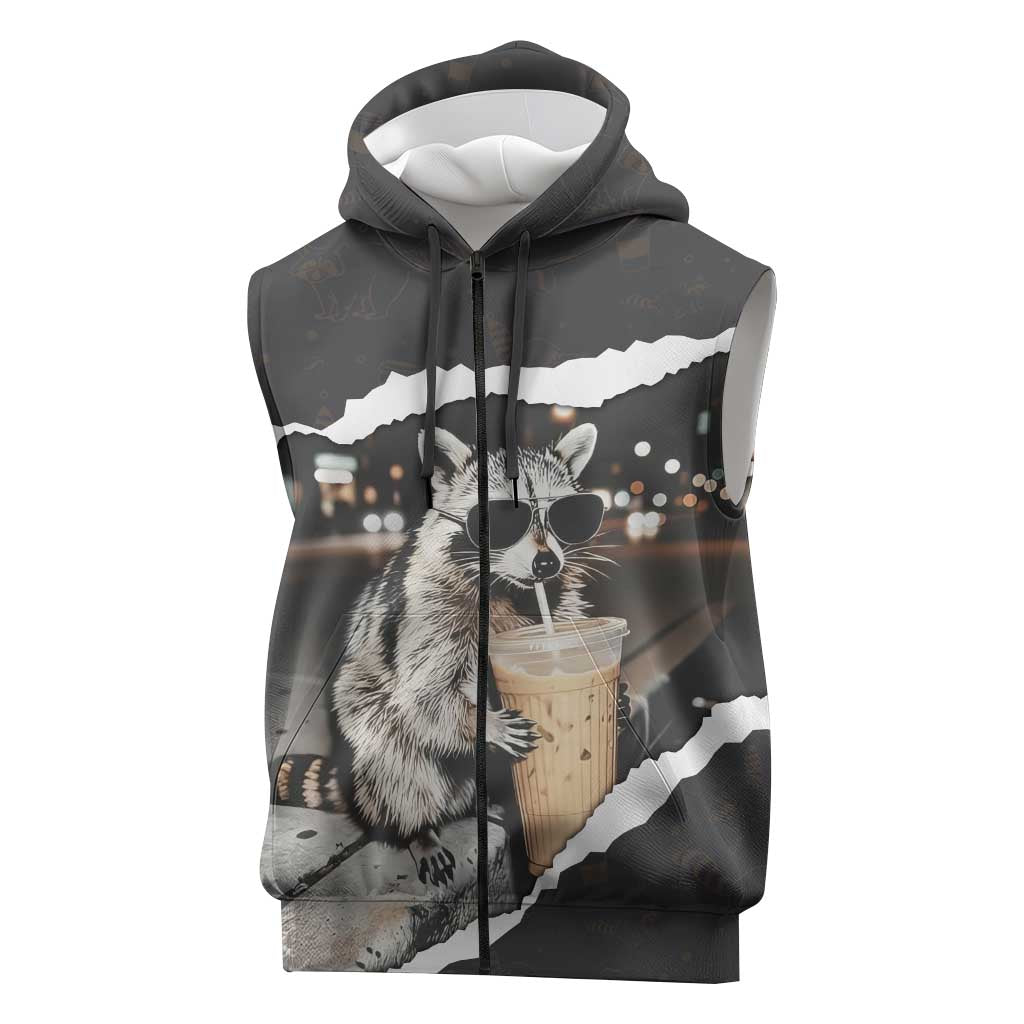 Cool Raccoon Drinking Iced Coffee Sleeveless Zip Hoodie Funny Animal Meme Urban Night Photography