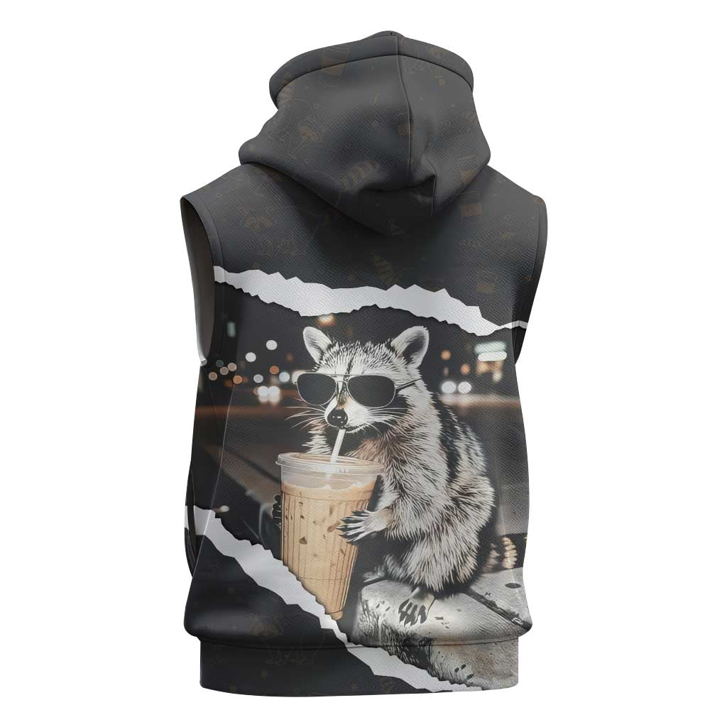 Cool Raccoon Drinking Iced Coffee Sleeveless Zip Hoodie Funny Animal Meme Urban Night Photography