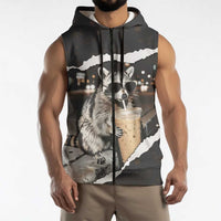 Cool Raccoon Drinking Iced Coffee Sleeveless Zip Hoodie Funny Animal Meme Urban Night Photography