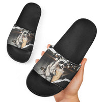 Cool Raccoon Drinking Iced Coffee Slide Sandals Funny Animal Meme Urban Night Photography