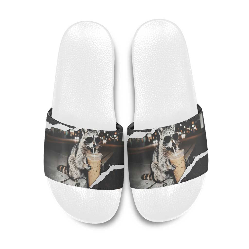 Cool Raccoon Drinking Iced Coffee Slide Sandals Funny Animal Meme Urban Night Photography