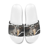 Cool Raccoon Drinking Iced Coffee Slide Sandals Funny Animal Meme Urban Night Photography