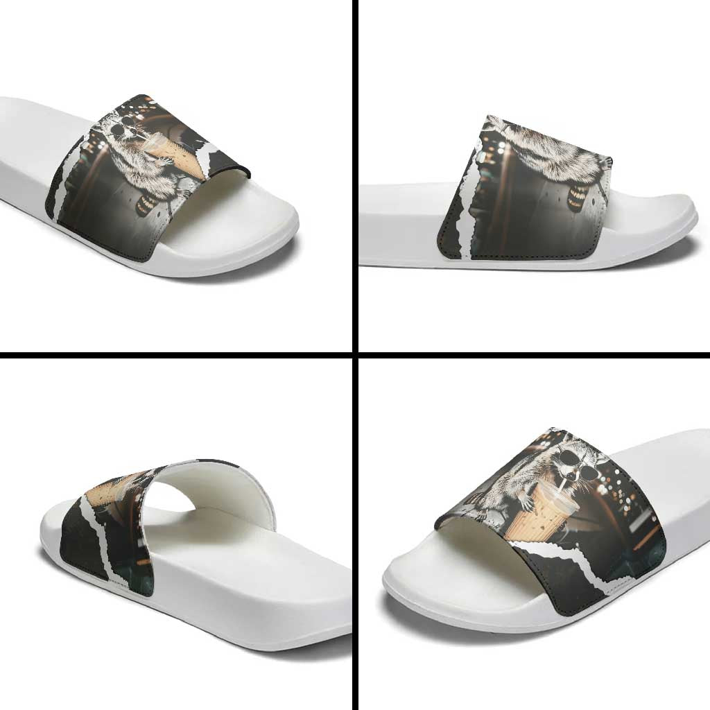 Cool Raccoon Drinking Iced Coffee Slide Sandals Funny Animal Meme Urban Night Photography