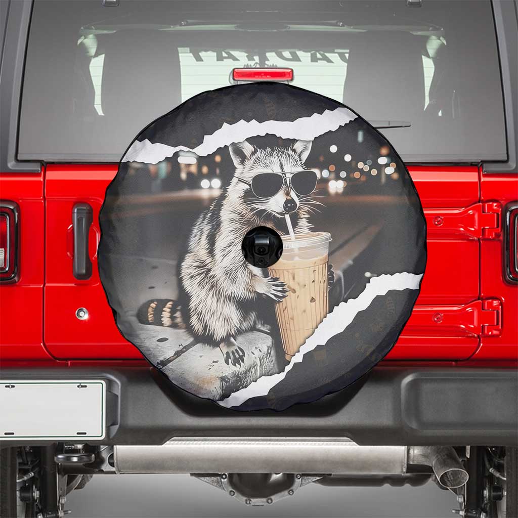 Cool Raccoon Drinking Iced Coffee Spare Tire Cover Funny Animal Meme Urban Night Photography