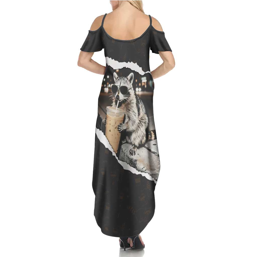 Cool Raccoon Drinking Iced Coffee Summer Maxi Dress Funny Animal Meme Urban Night Photography