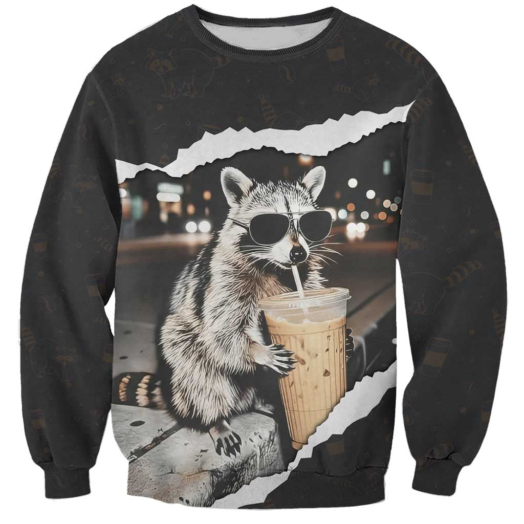 Cool Raccoon Drinking Iced Coffee Sweatshirt Funny Animal Meme Urban Night Photography