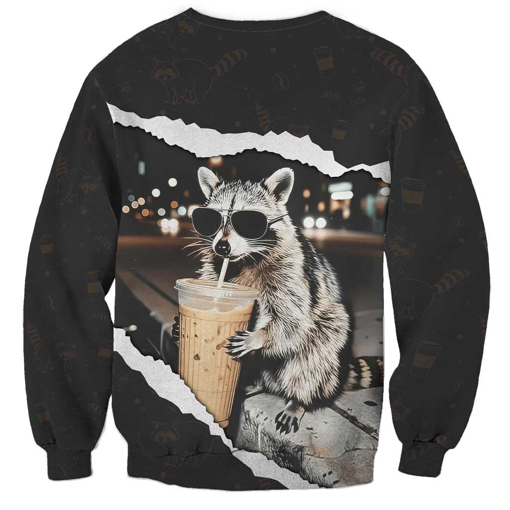 Cool Raccoon Drinking Iced Coffee Sweatshirt Funny Animal Meme Urban Night Photography