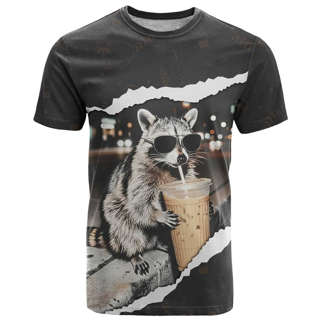 Cool Raccoon Drinking Iced Coffee T Shirt Funny Animal Meme Urban Night Photography