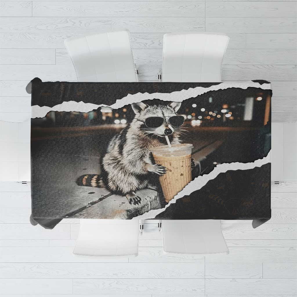 Cool Raccoon Drinking Iced Coffee Tablecloth Funny Animal Meme Urban Night Photography
