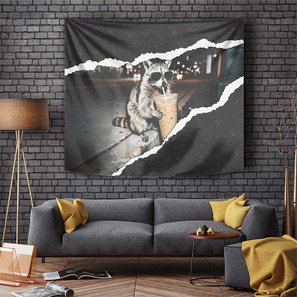 Cool Raccoon Drinking Iced Coffee Tapestry Funny Animal Meme Urban Night Photography