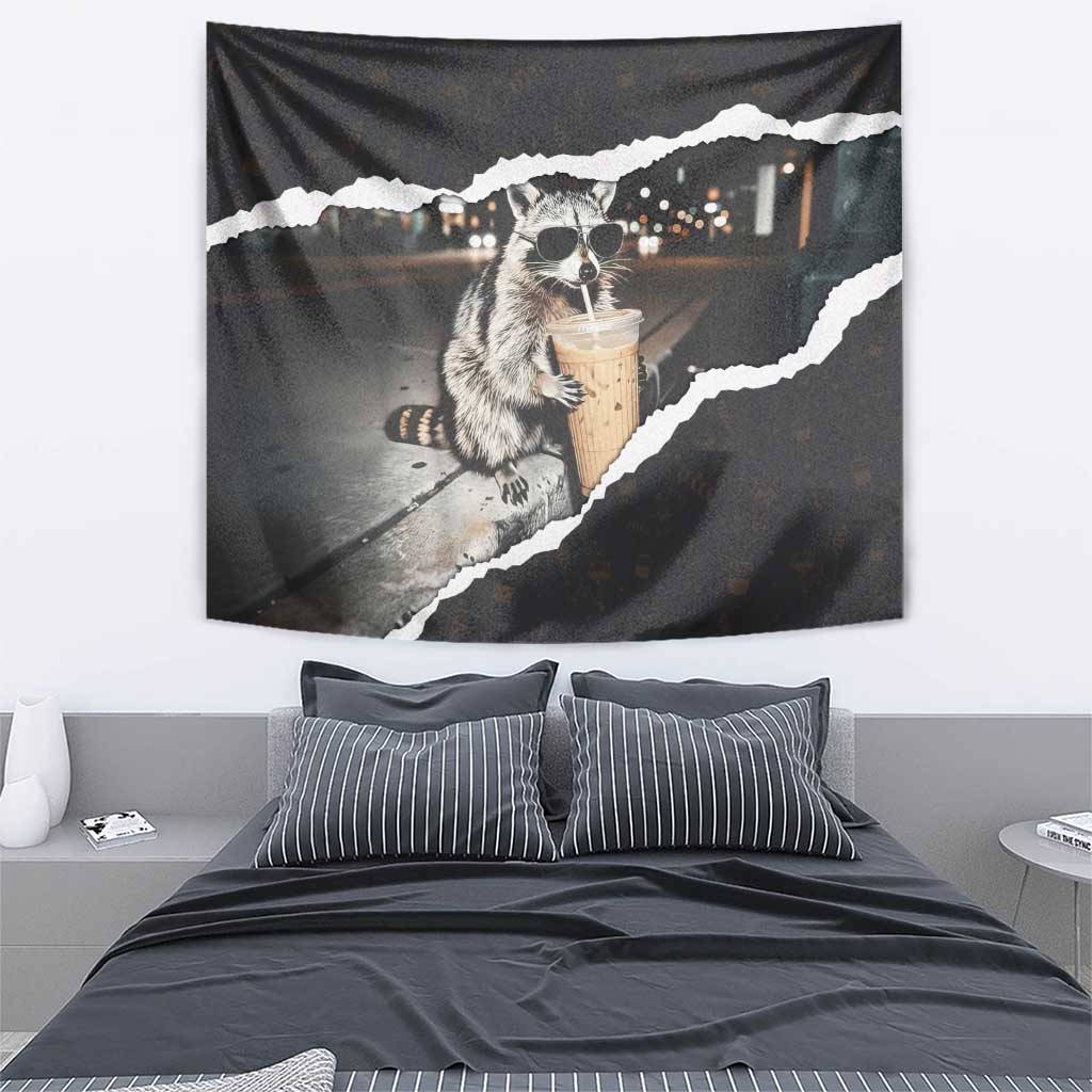 Cool Raccoon Drinking Iced Coffee Tapestry Funny Animal Meme Urban Night Photography