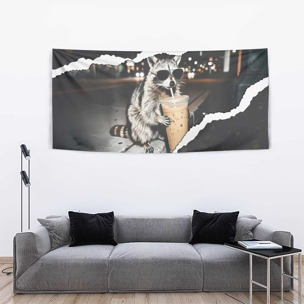 Cool Raccoon Drinking Iced Coffee Tapestry Funny Animal Meme Urban Night Photography