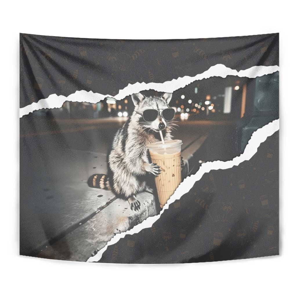 Cool Raccoon Drinking Iced Coffee Tapestry Funny Animal Meme Urban Night Photography