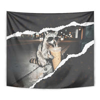 Cool Raccoon Drinking Iced Coffee Tapestry Funny Animal Meme Urban Night Photography