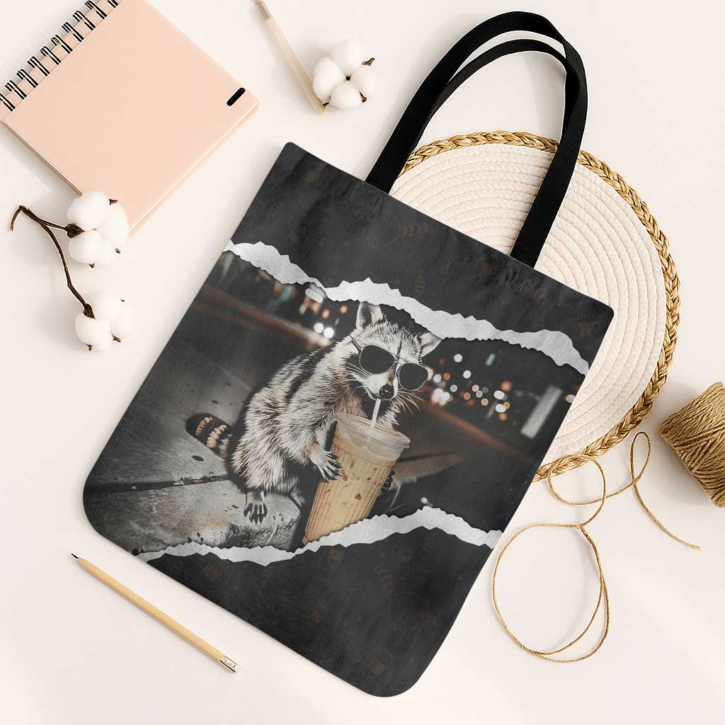 Cool Raccoon Drinking Iced Coffee Tote Bag Funny Animal Meme Urban Night Photography
