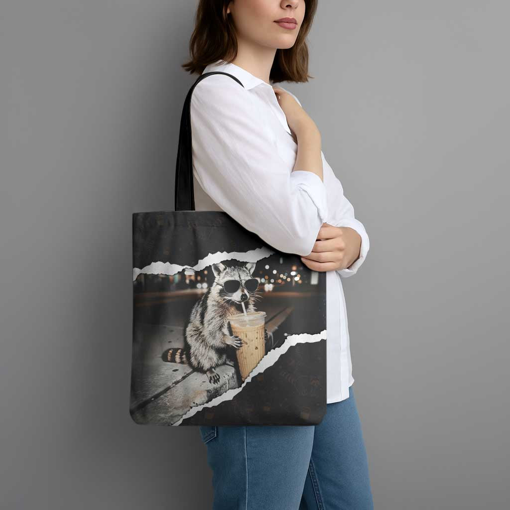 Cool Raccoon Drinking Iced Coffee Tote Bag Funny Animal Meme Urban Night Photography