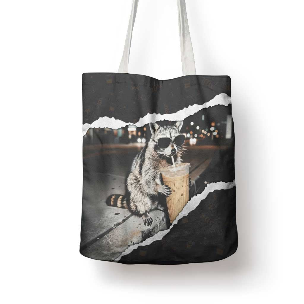 Cool Raccoon Drinking Iced Coffee Tote Bag Funny Animal Meme Urban Night Photography