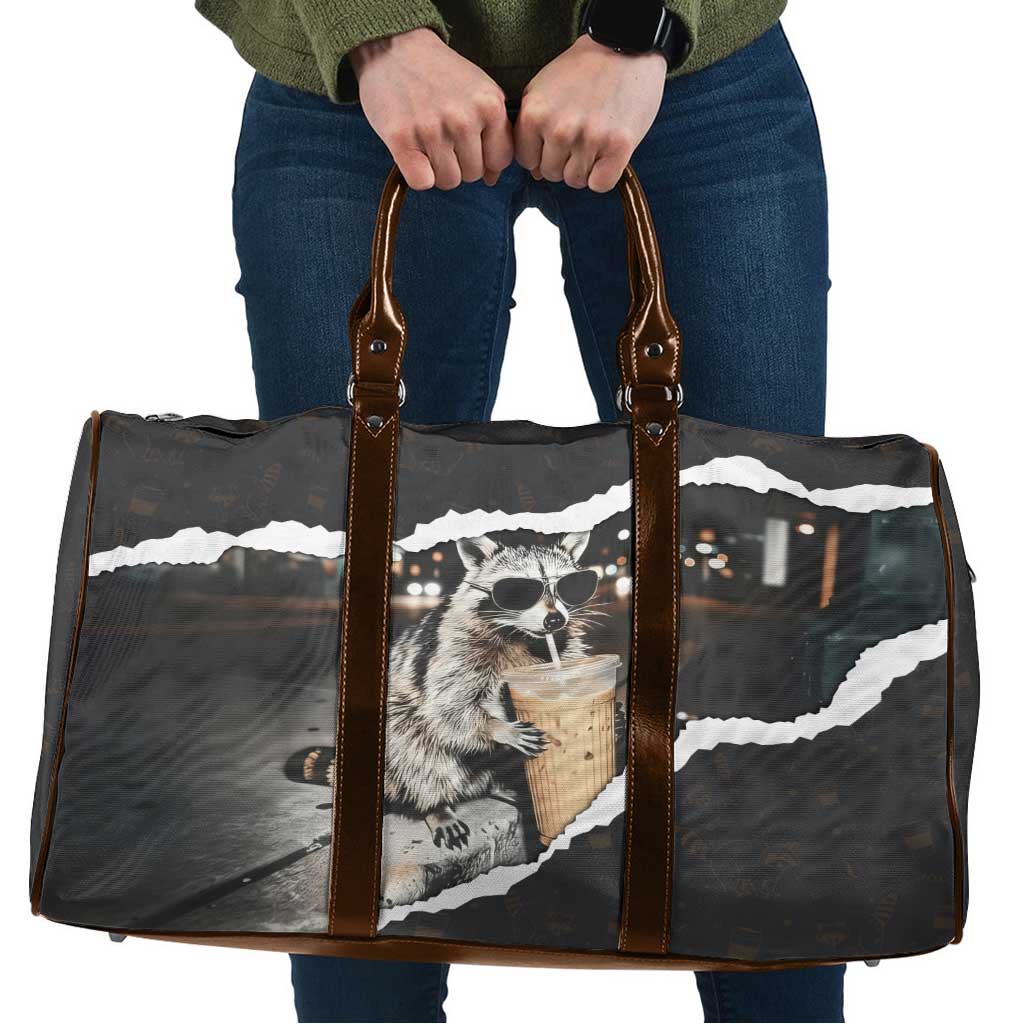 Cool Raccoon Drinking Iced Coffee Travel Bag Funny Animal Meme Urban Night Photography