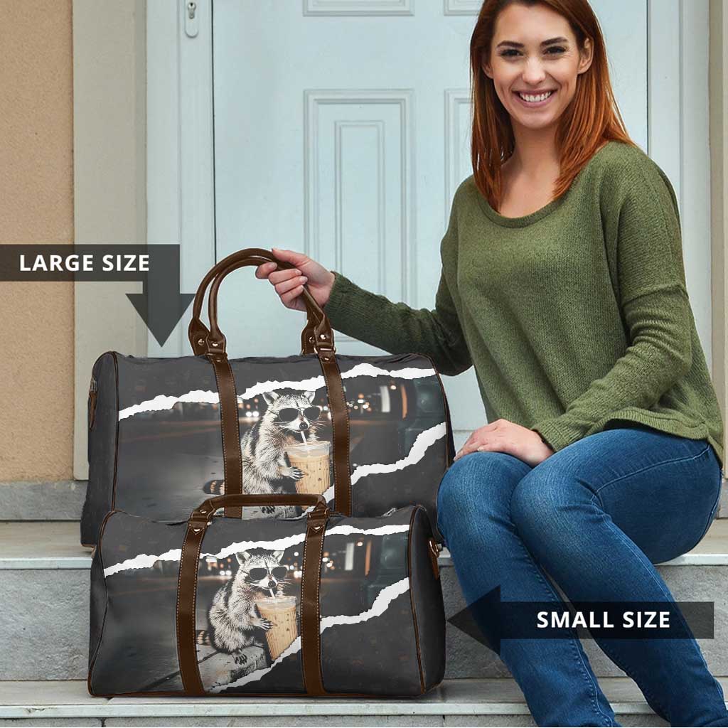 Cool Raccoon Drinking Iced Coffee Travel Bag Funny Animal Meme Urban Night Photography
