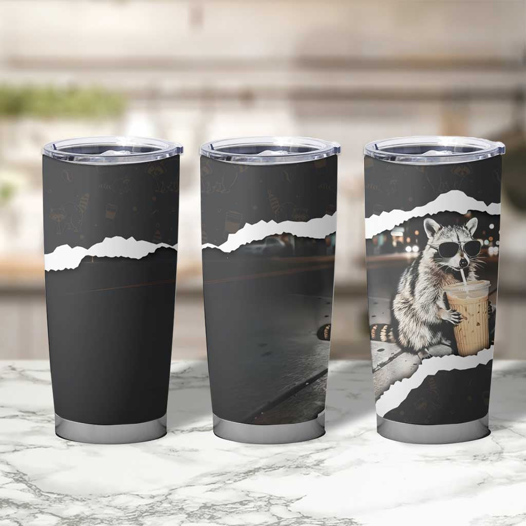 Cool Raccoon Drinking Iced Coffee Tumbler Cup Funny Animal Meme Urban Night Photography