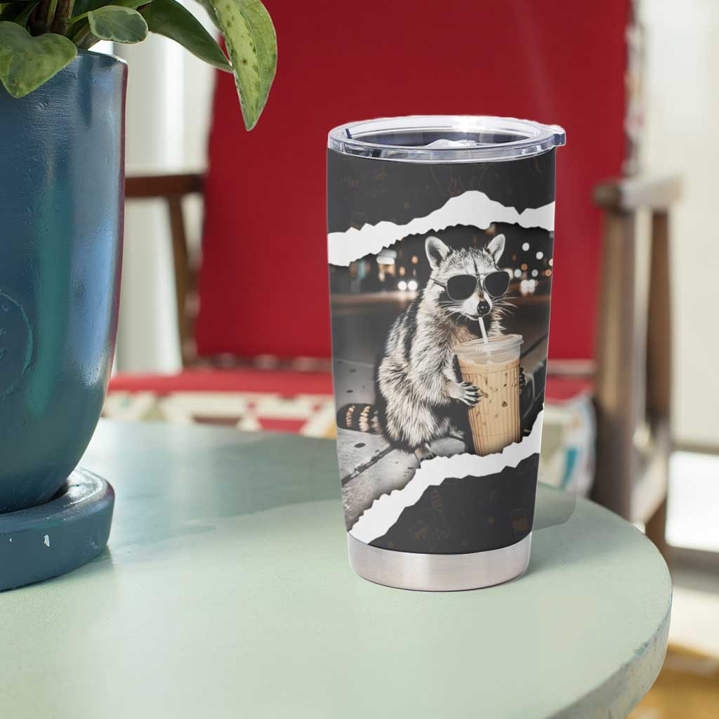 Cool Raccoon Drinking Iced Coffee Tumbler Cup Funny Animal Meme Urban Night Photography