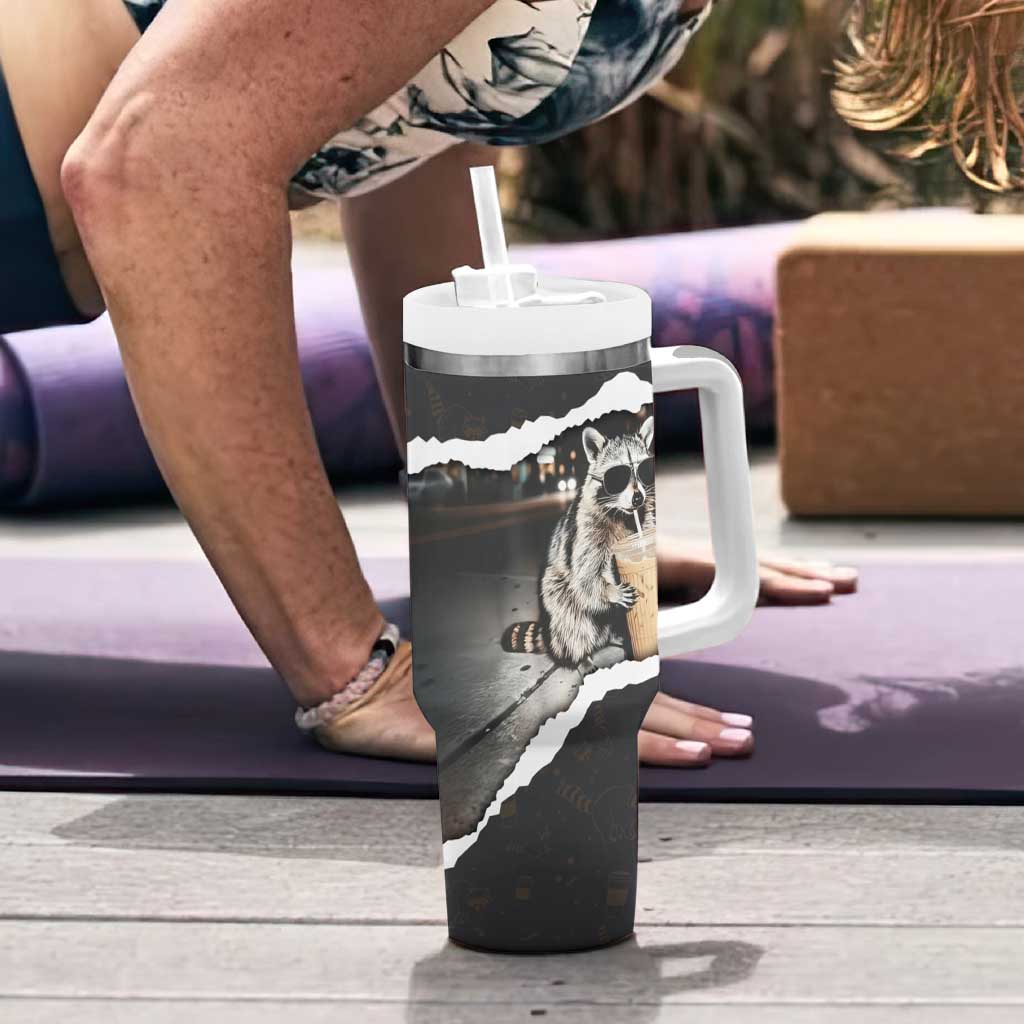 Cool Raccoon Drinking Iced Coffee Tumbler With Handle Funny Animal Meme Urban Night Photography
