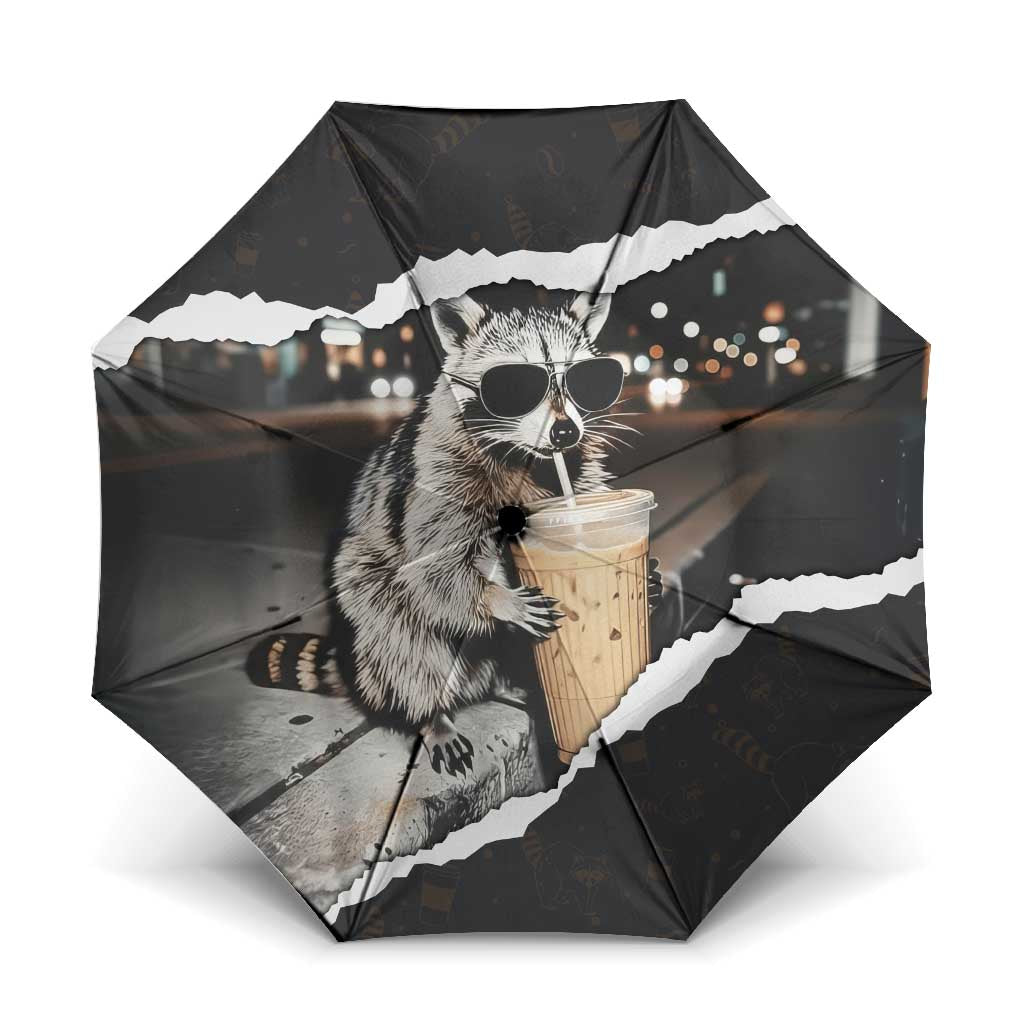 Cool Raccoon Drinking Iced Coffee Umbrella Funny Animal Meme Urban Night Photography