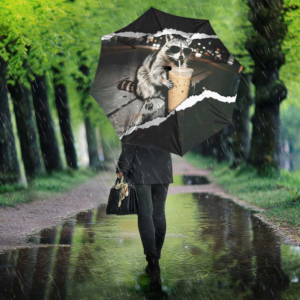 Cool Raccoon Drinking Iced Coffee Umbrella Funny Animal Meme Urban Night Photography