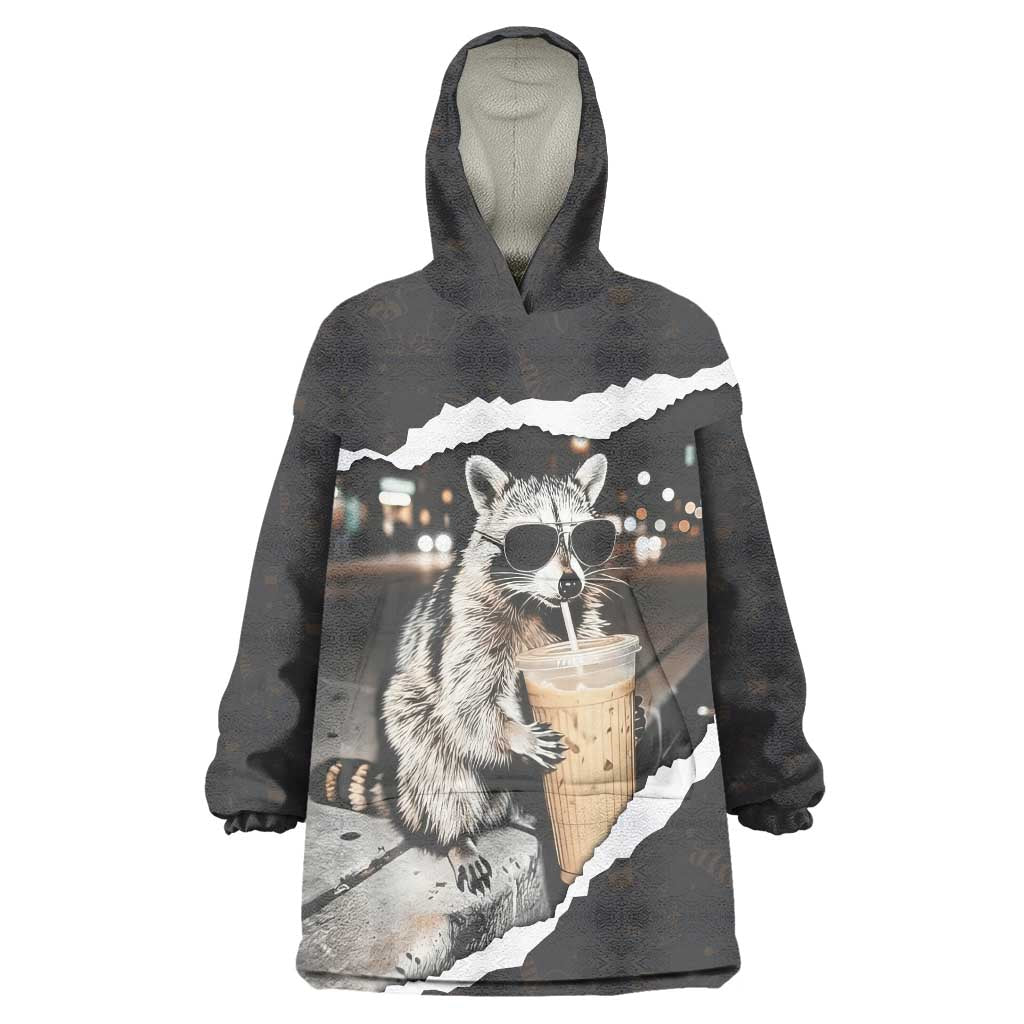 Cool Raccoon Drinking Iced Coffee Wearable Blanket Hoodie Funny Animal Meme Urban Night Photography