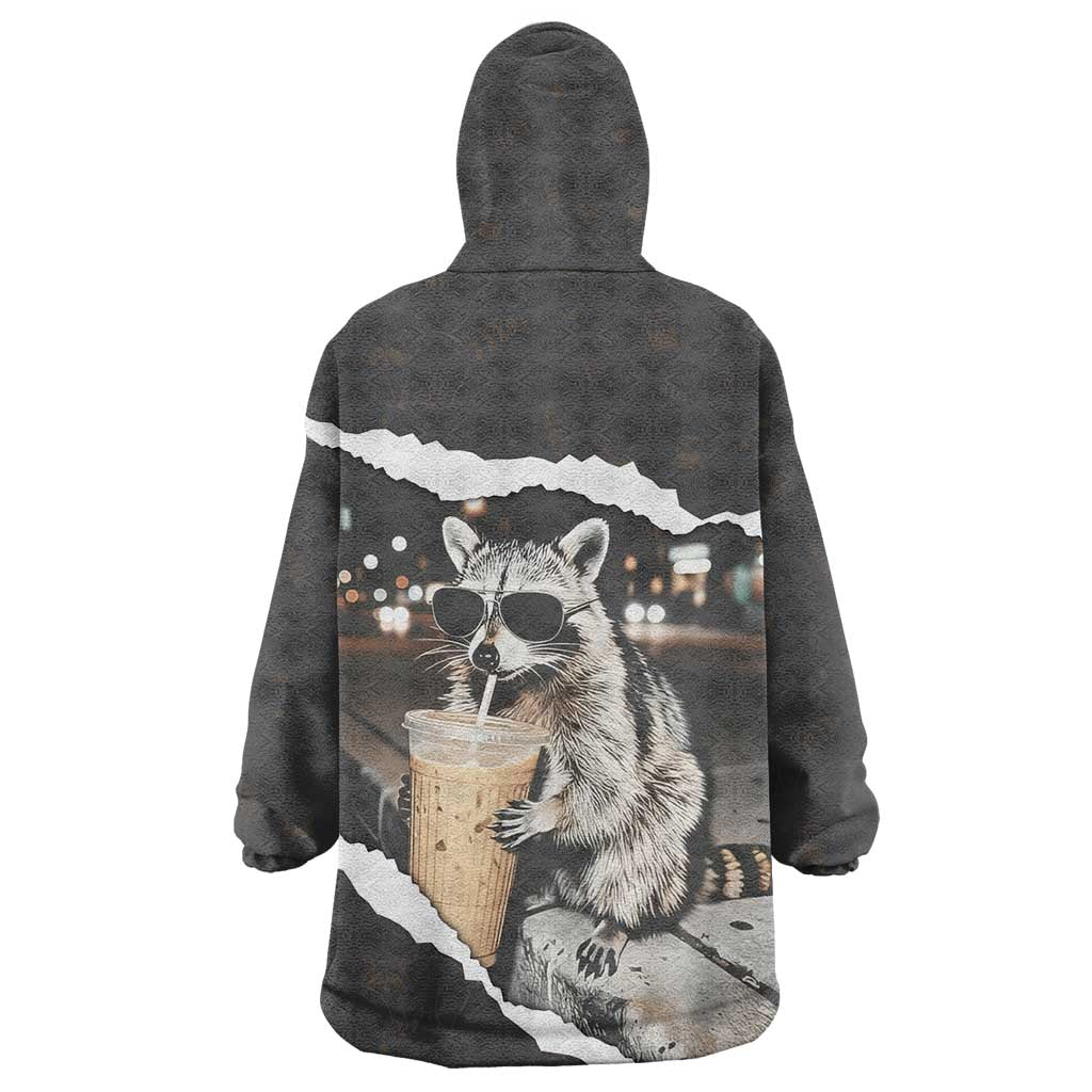 Cool Raccoon Drinking Iced Coffee Wearable Blanket Hoodie Funny Animal Meme Urban Night Photography