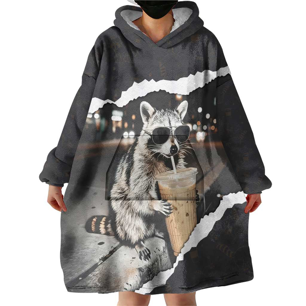 Cool Raccoon Drinking Iced Coffee Wearable Blanket Hoodie Funny Animal Meme Urban Night Photography
