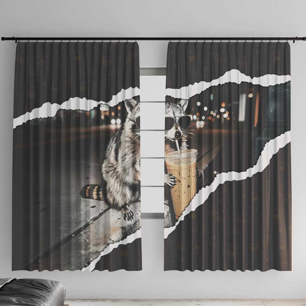 Cool Raccoon Drinking Iced Coffee Window Curtain Funny Animal Meme Urban Night Photography